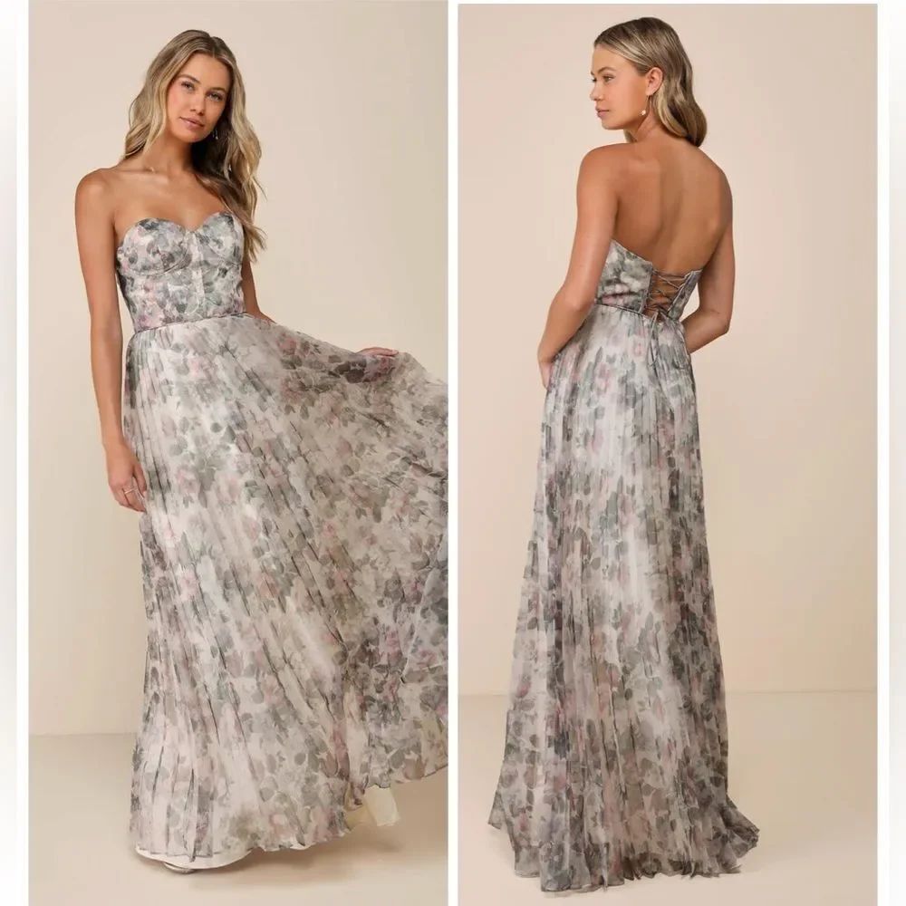 Lulu's Most Beautiful Day Ivory Floral Strapless Watercolor Floral Maxi Dress